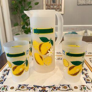 vintage 1970s frosted plastic lemonade pitcher and four tumblers set
